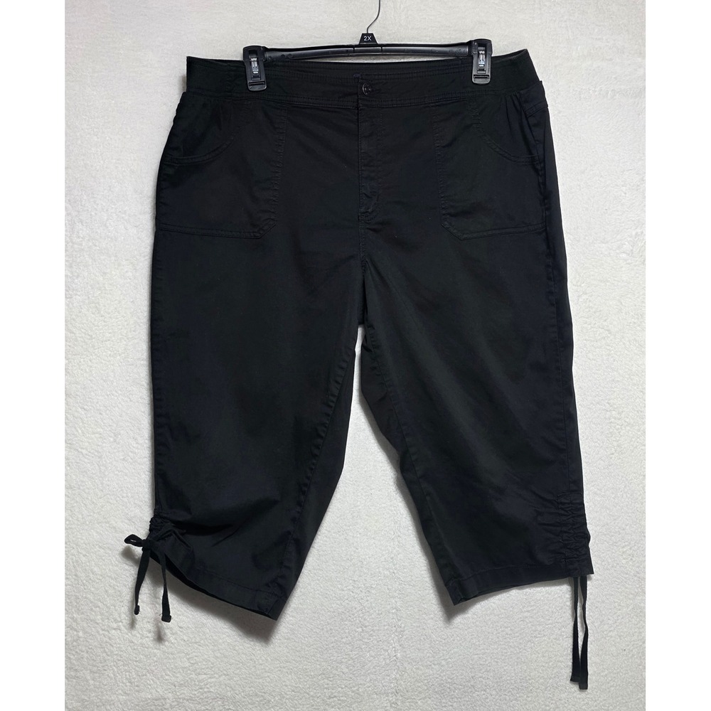 Basic Editions Black Capri Pants Plus Size XXL Cotton Stretch Cinched Tie Hem